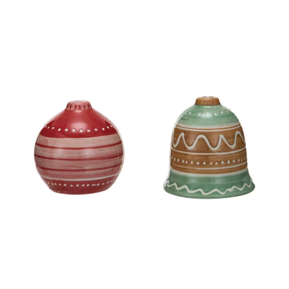 Hand-Painted Ornament & Bell Stoneware Salt & Pepper Shaker/NWT